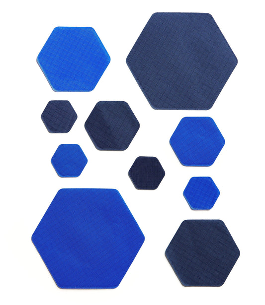 HEX Duo - Two Colour Kits - Hexagonal Down Jacket Self-Adhesive Repair Patches (Dark Blue and Royal Blue)