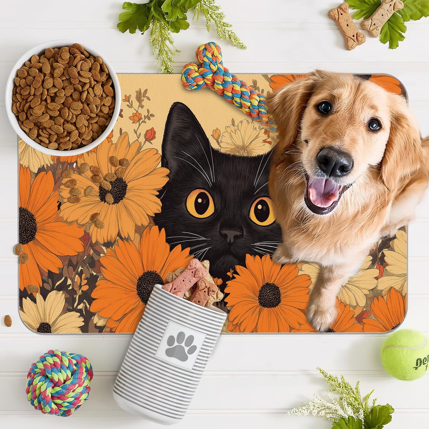 Black Cat Dog Food Mat for Floors,Fall Flower Daisy Absorbent Pet Food and Water Bowl Mats,Non-Slip Pet Feeding Mat,Pet Supplies 12" x 20"