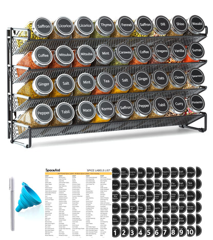 SpaceAid Spice Rack Organizer with 28 Spice Jars, 386 Spice Labels, Chalk Marker and Funnel Set for Cabinet, Countertop, Pantry, Cupboard or Door & Wall Mount - 28 Jars, 13.4" W × 10.8" H, Black