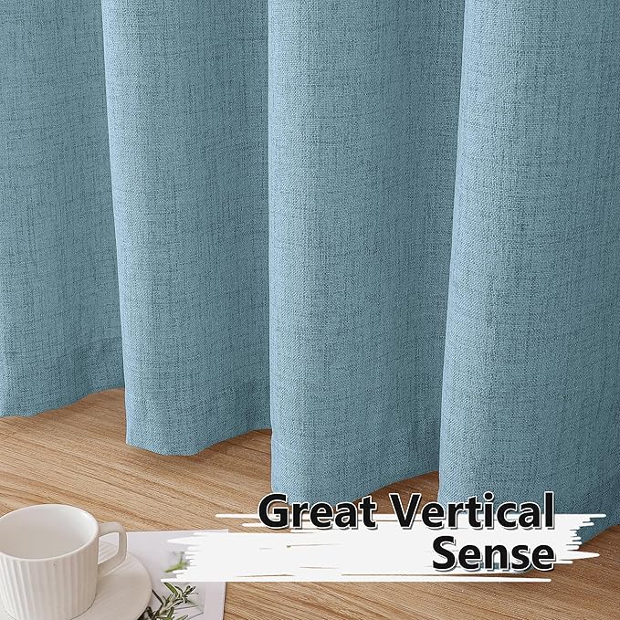 Tollpiz Short Linen Tier Curtains Rod Pocket Semi Sheer Half Kitchen Curtain Burlap Light Filtering Thick Linen Drapes for Bathroom, 30 x 24 inches Long, Dusty Blue, Set of 2 Panels