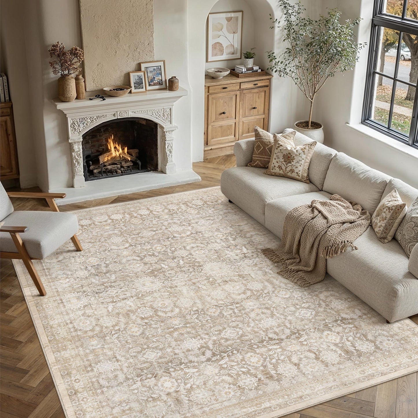 WondRg 8x10 Beige Washable Neutral Area Rug Living Room Floral Non Slip Low Pile Large Rug Vintage Traditional Stain Resistant Distressed Carpet Bedroom Dining Room Office Playroom