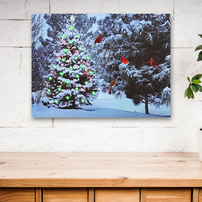 Lighted Christmas Tree & Cardinal Birds LED Canvas Print - Snowy Winter - Forest Pine Trees - Winter Scene Wall Art Measures 15.75" X 11.75"