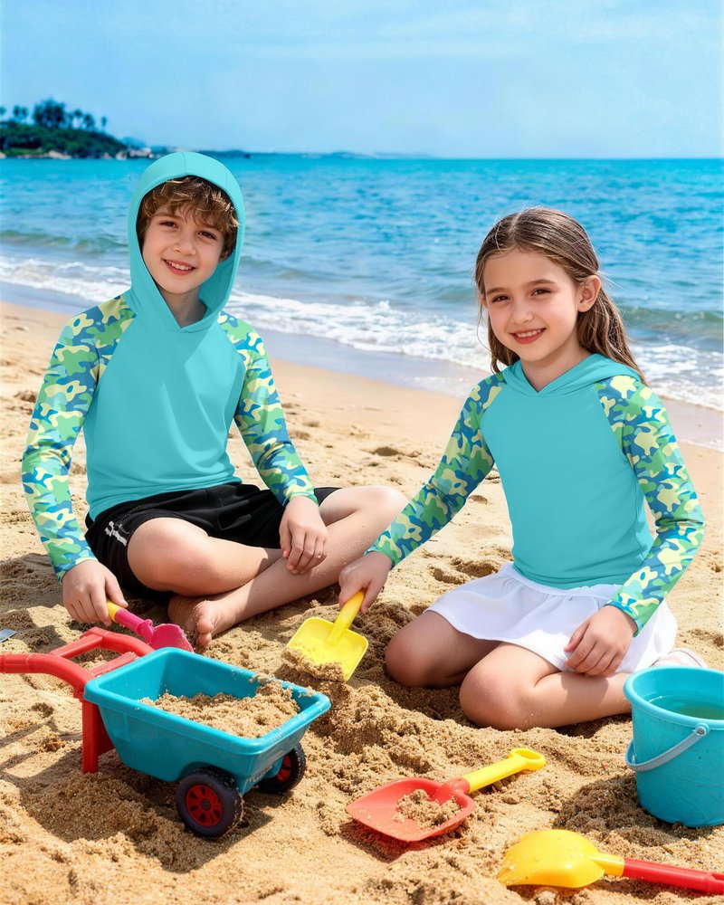 DRONIRING Boys Rash Guard Swim Hoodie, UPF 50+ UV Sun Protection Long Sleeve Fishing Shirt, Kids Youth SPF Water Shirts Crystal Blue
