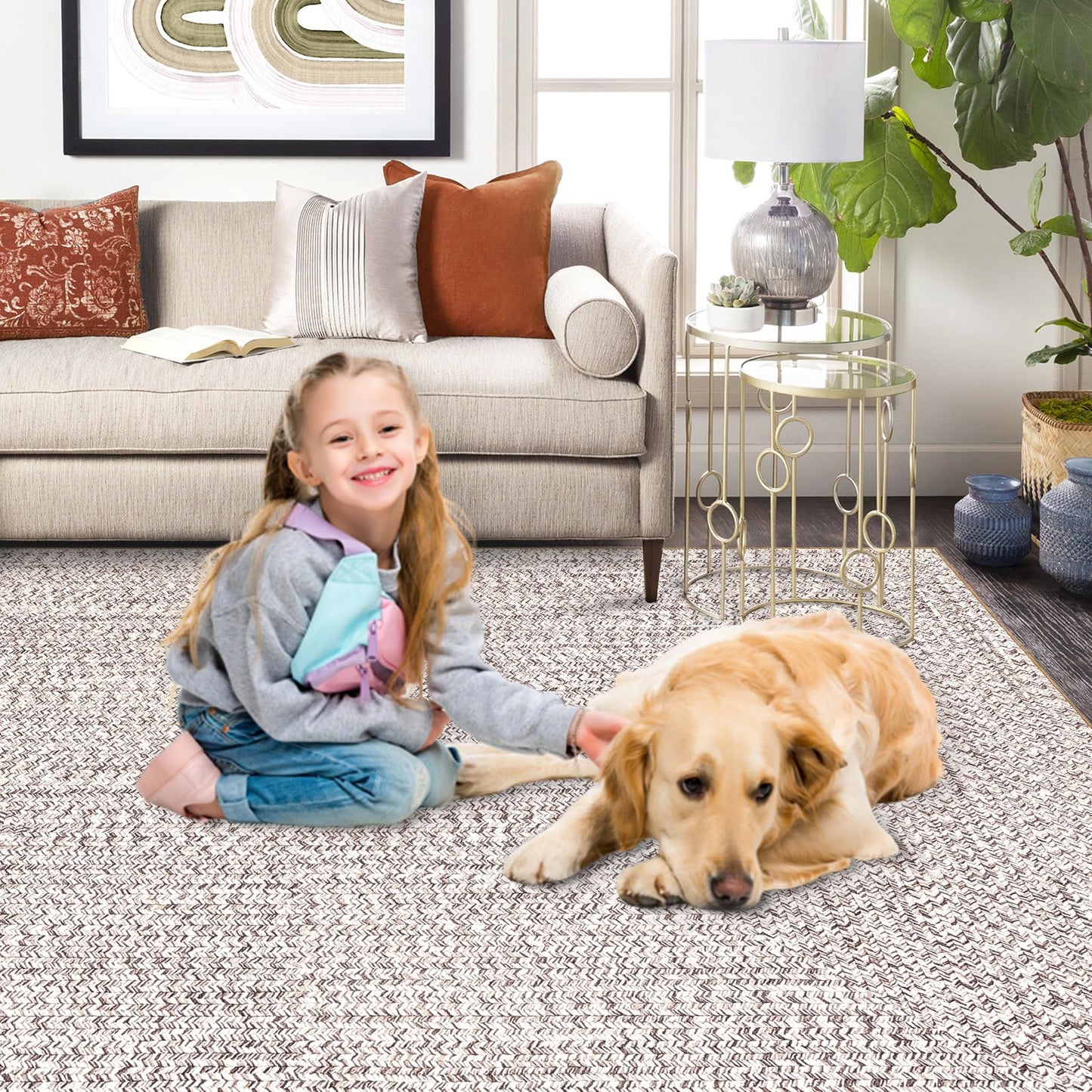ROYHOME 9x12 Area Rug Large Machine Washable Rug for Living Room Print Braided Accent Rug Stain Resistant Non-Slip Carpet Farmhouse Solid Printed Textured Floor Cover for Home Decor, Beige/Grey