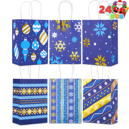 JOYIN 24 PCS Christmas Kraft Gift Bags Xmas Holiday Present Wrapping Paper Goody Bags with Handles for Classrooms and Wedding Decor, Party Favors and Decor Supplies (Blue, 8.27" x 5.91" x 3.15")