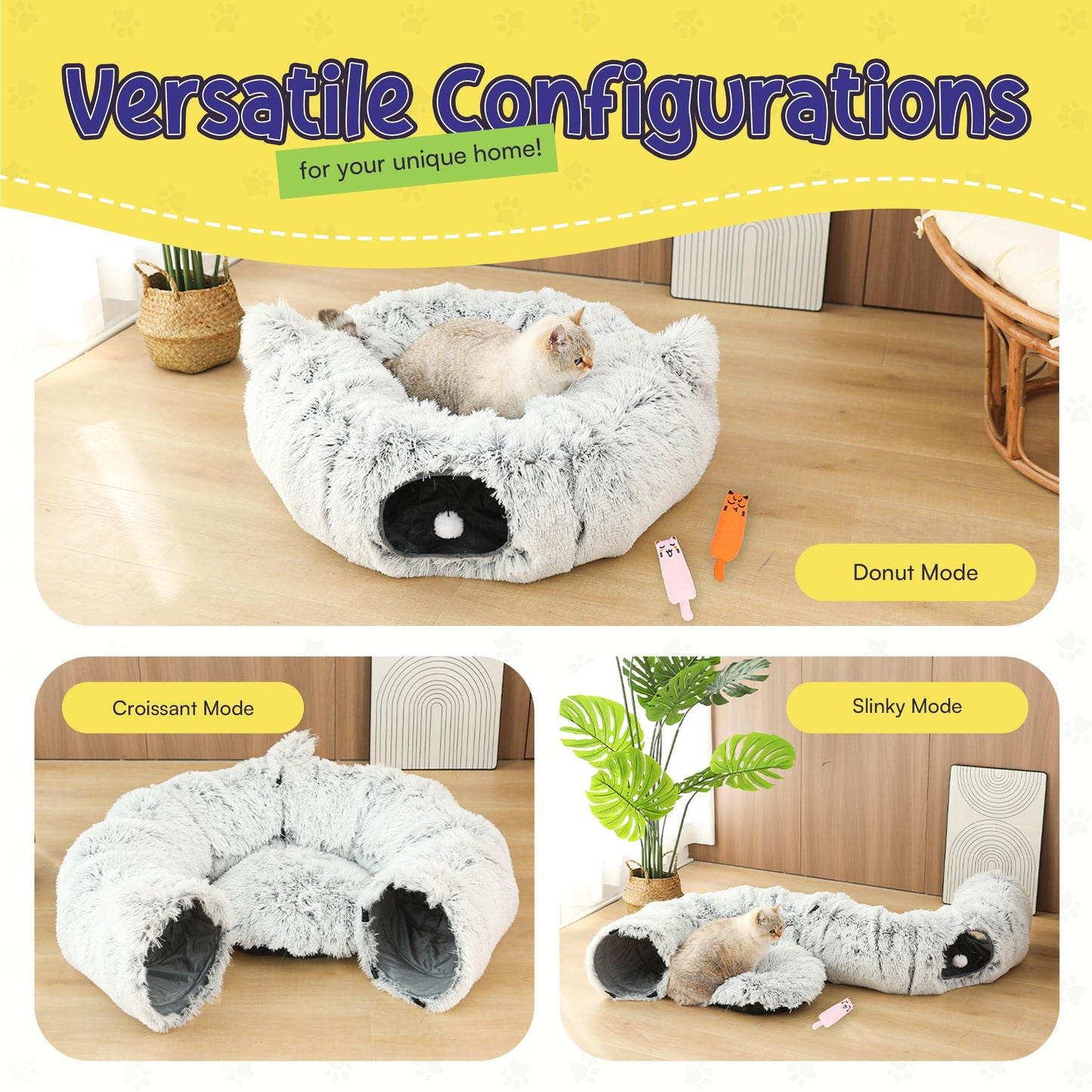 PurrPuff Cat Tunnel Bed Cave with Catnip Toys - Peekaboo Cat Hideaway & Cat Donut Tunnel - 3-in-1 Cat Tunnels for Indoor Cats - Foldable Cute Cat Bed - 32" Washable