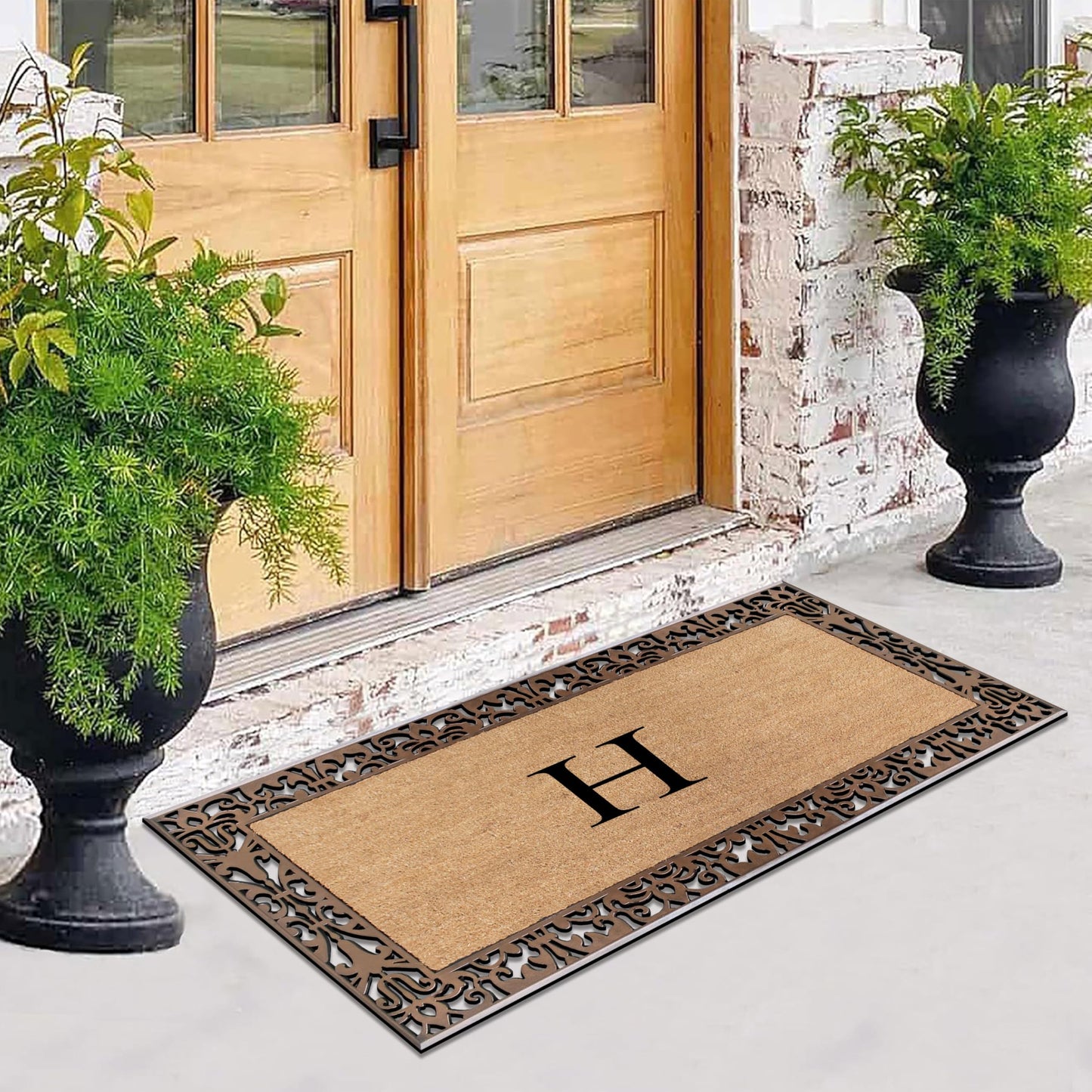 A1HC Natural Coir Doormat for Outside Entrance, Anti-Shed Treated Front Door Mat 30" x 60", Long Lasting Front Porch Entry Matt Monogrammed - H (Plain Bronze)