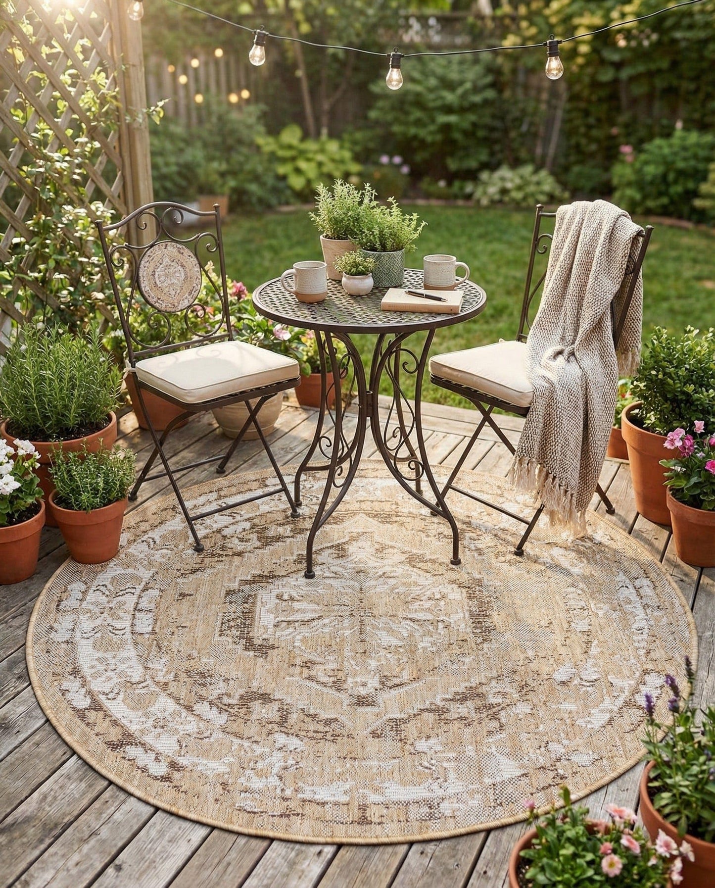 Rugs.com Outdoor Traditional Collection Rug – 4 Ft Round Natural Flatweave-Pile Rug Perfect for Kitchens, Dining Rooms