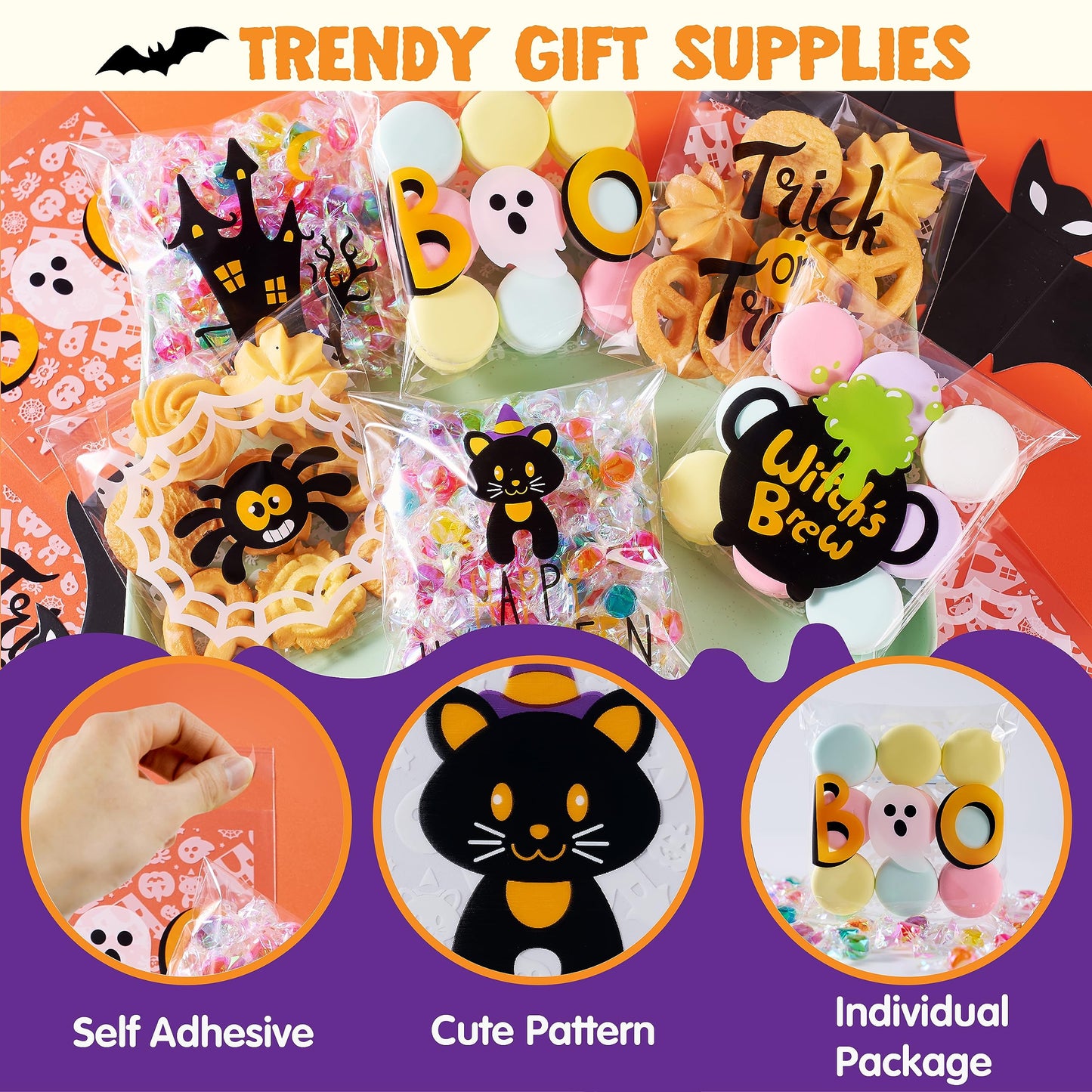 JOYIN 150 PCS Halloween Cellophane Treat Bags, Self Adhesive Clear Cookie and Candy Bags for Kids Trick or Treating, Small Goodie Gift Ziplock Bag Bulk for Halloween Party Favors Supplies in 6 Designs