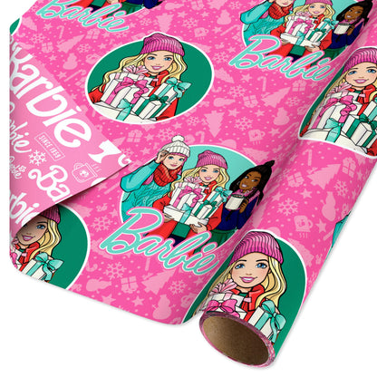 American Greetings Pink Christmas Wrapping Paper Roll for Kids, Barbie and Friends Holiday Gift Wrap (1 Reversible Roll, 75 sq. ft.) Barbie, Daisy, Brooklyn