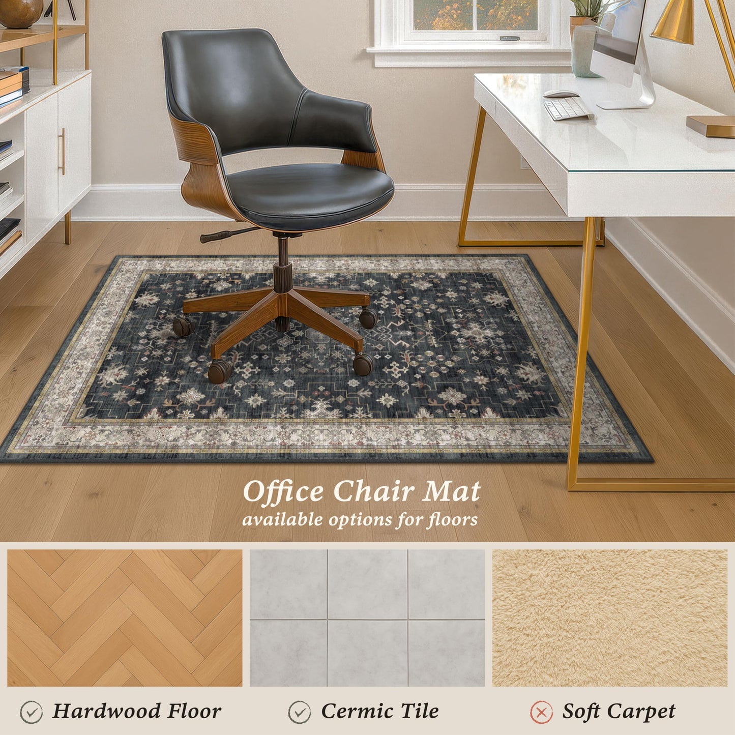 3x4 Black Boho Office Chair Mat for Hardwood Tile Floor - Ultra-Soft Low Pile Desk Rug with Non-Slip Backing, 36''x48'' Machine Washable Area Rug and Floor Protector for Rolling Computer Chair Mat