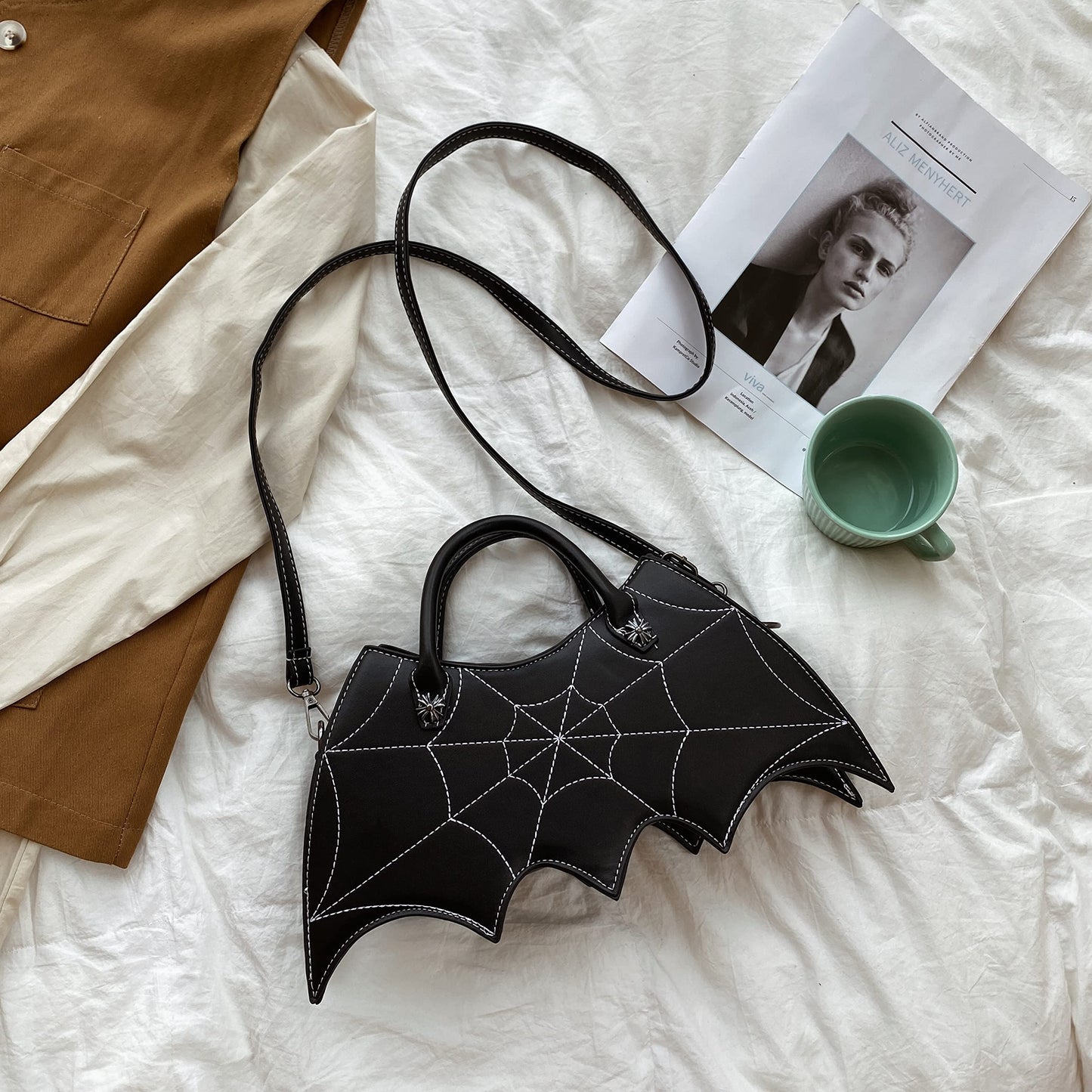 Ondeam Bat wing Shoulder bag,PU Spider Web Crossbody Handbag for Women(Black)