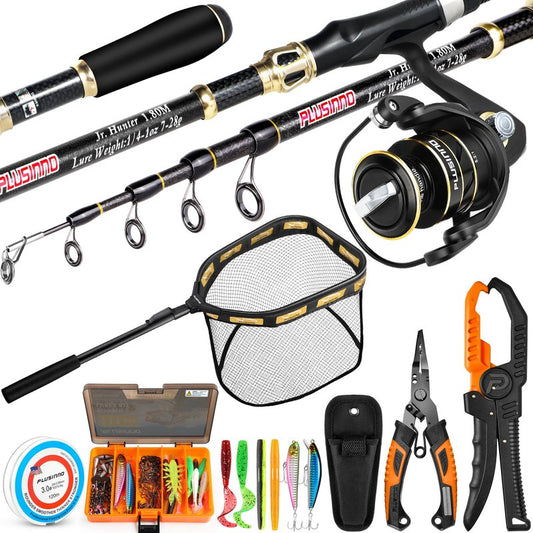 PLUSINNO Fishing Gear,Full Fishing kit Include Fishing Rod and Reel Combo, Tackle Box with Fishing Lures, Fishing Accessories, Fishing Pliers,Fishing Gifts for Men with Fishing Tool Kit