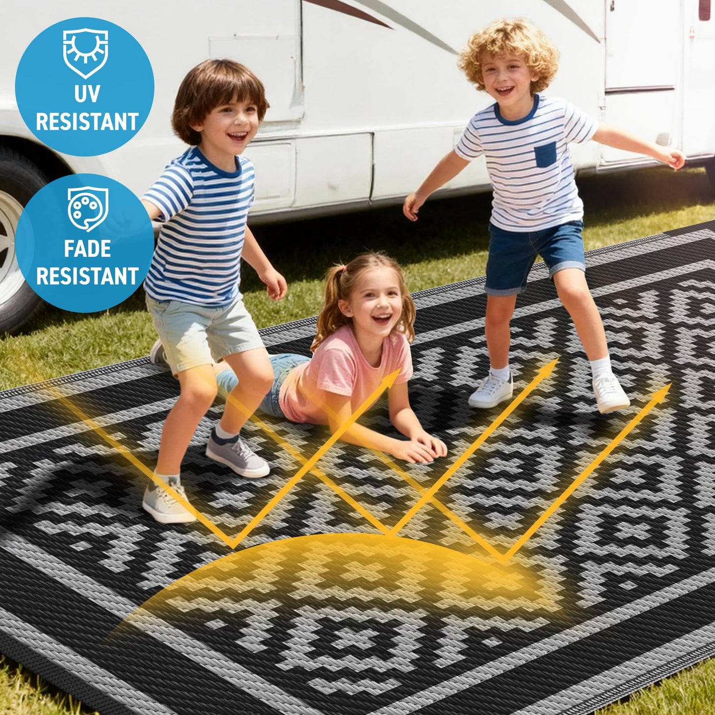 Kohree RV Outdoor Rug 9x12 Reversible, Waterproof Patio Mat with 4 Stakes & UV Fade Resistant, Non-Slip Outdoor Camping Mat for Deck, Picnic, Backyard, Includes Carry Bag (Black & Grey)