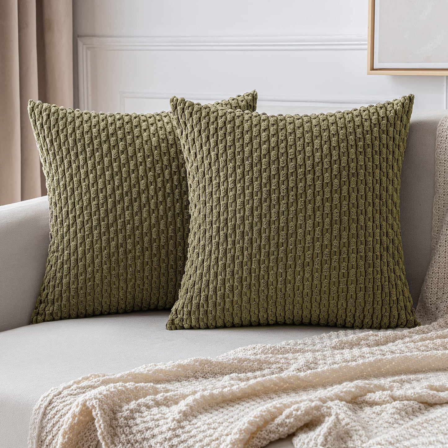 MIULEE Pack of 2 Decorative Throw Pillow Covers 18x18 Inch Soft Boho Striped Textured Corduroy Pillow Covers Modern Farmhouse Home Decor for Couch Bed Sofa Living Room Cream White