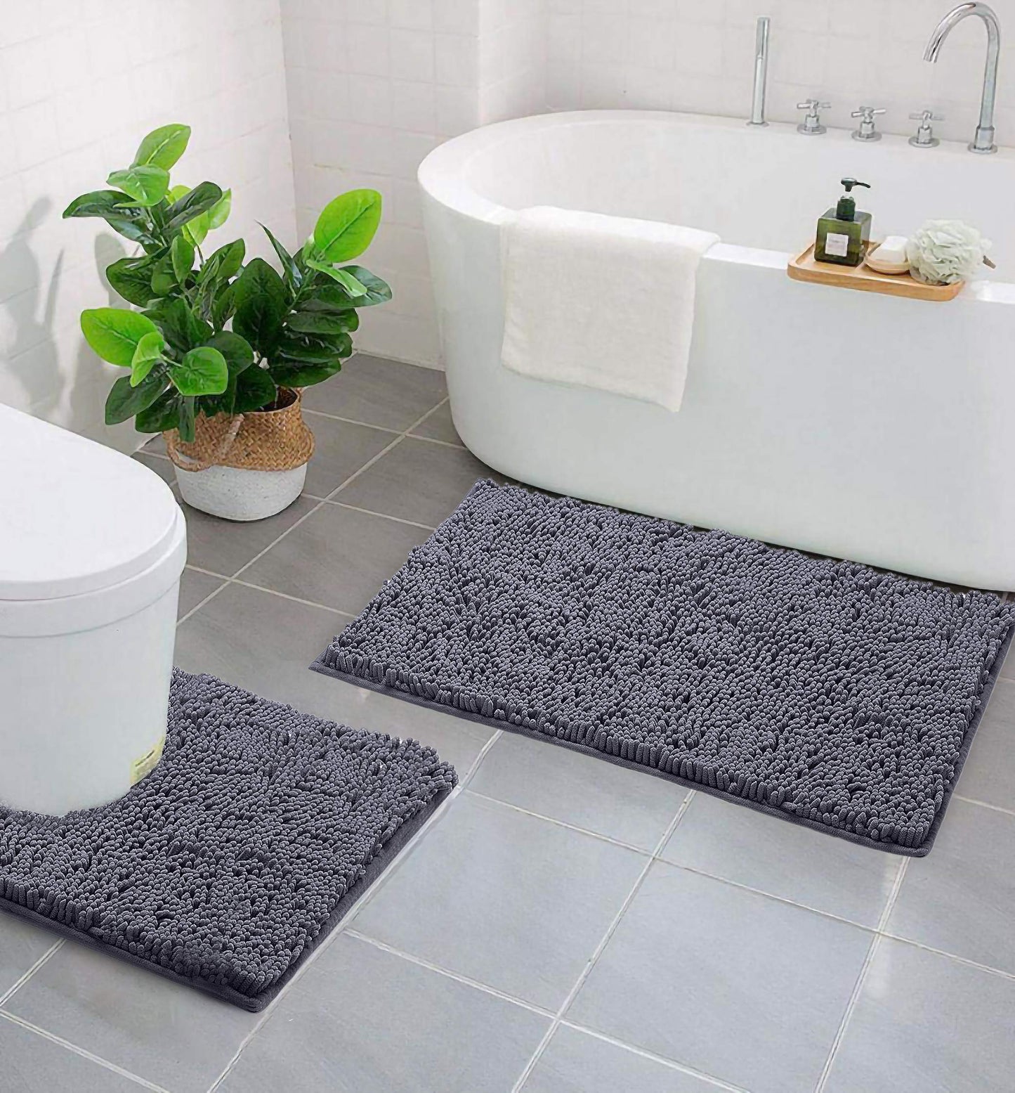 LuxUrux Bath Mat Set, Luxury Chenille (2-Piece) Soft Plush Anti-Slip Rug + Toilet Mat.1'' Microfiber Shaggy Carpet, Super Absorbent (Dark Grey, 80 x 50 cm + U Shaped 50 x 50 cm)