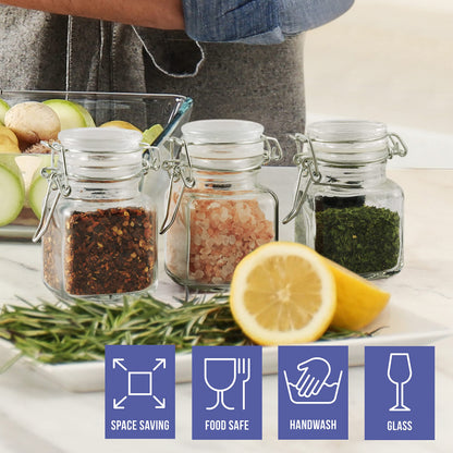 Oak & Steel - 24 Mini Clip Top Glass Spice Storage Jars - 100 ml Glass Canister Containers with Lids, 48 Labels and 2 Chalk Pen (8 x 5cm) - Perfect for Spice Storage, Jam, Honey, Gifting (24)…