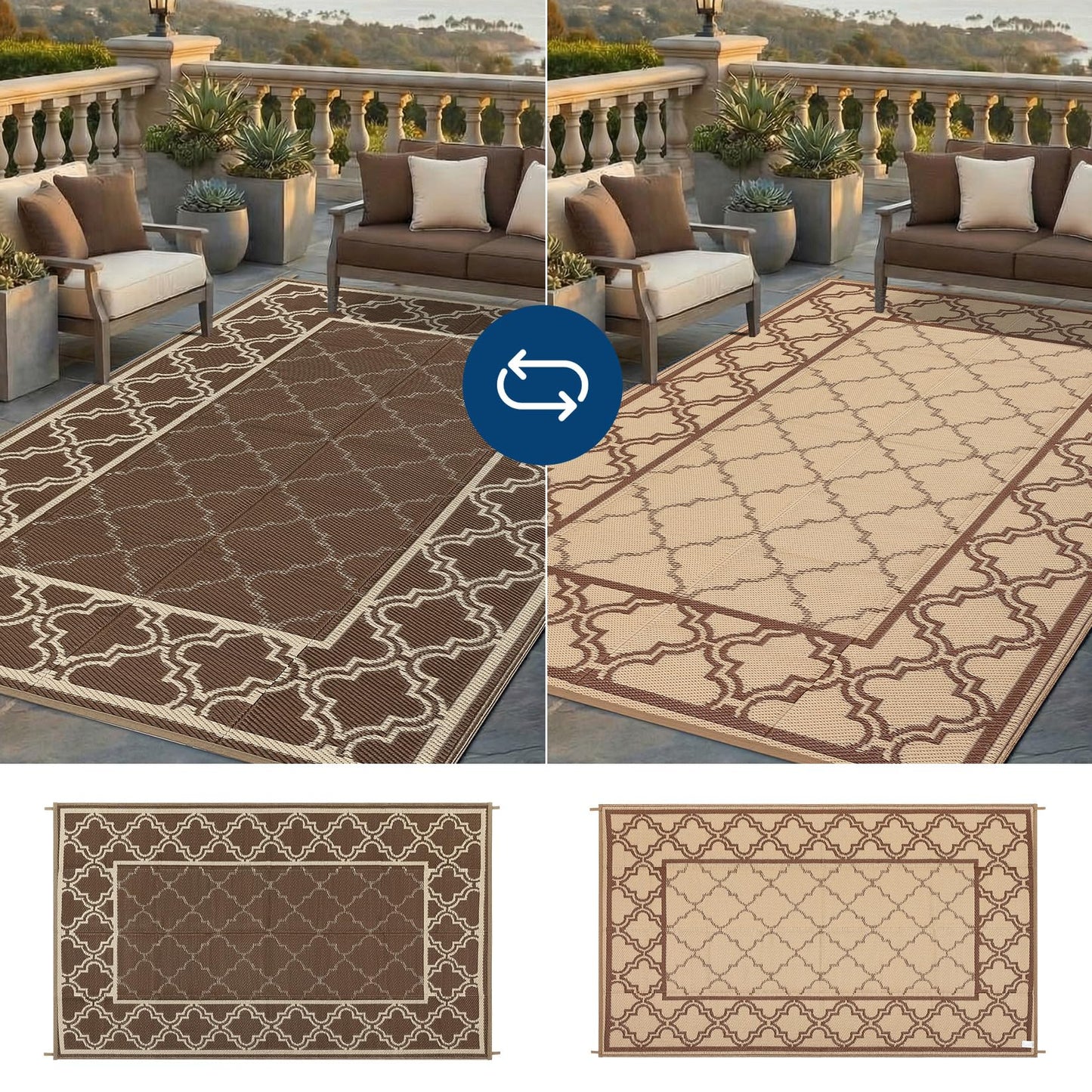 Garvee Reversible Outdoor Rug 9x12, Waterproof Outdoor Plastic Straw Rug with Interlacing Pattern, RV Mat for Picnics, Patio, Camping, Balcony, Deck, Backyard, Porch, Brown