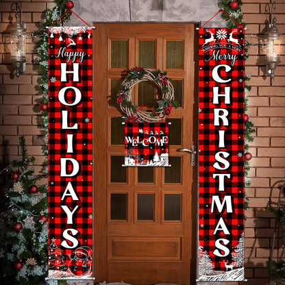 Boao 3 Pieces Christmas Plaid Porch Sign Merry Christmas Banner Happy Holidays Banner Welcome Banner Front Door Hanging Sign for Christmas Home Wall Indoor Outdoor Decoration