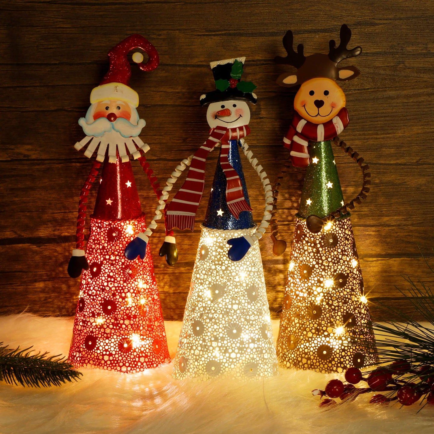 ATDAWN Lighted Christmas Table Decorations, Set of 3 Indoor LED Lighting Santa Snowman Reindeer Xmas Holiday Party Tabletop Desk Ornament & Candleholders