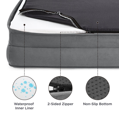 Bedsure Large Dog Bed Sofa - Washable Orthopedic Dog Beds and Couch with Removable Flannel Cover, Waterproof Dog Pillow with U-Shape Bolster, Grey Squre Pet Bed, 89x63x16cm