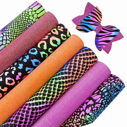 Shalun 14 pcs/Pack A4 Black Rainbow Animal Faux Leather Sheets Bright Neon Glow in The Dark Glitter Halloween Autumn PU Canvas for Cricut Sewing Embroidery 8x12 inch