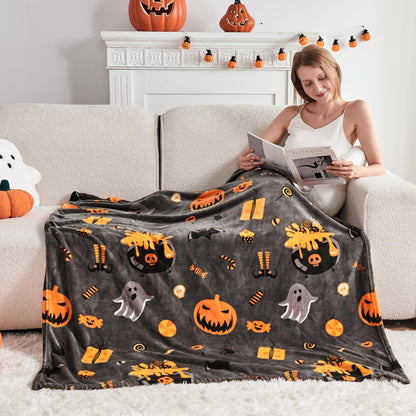 Edenleaf Halloween Blanket with Spooky Pumpkin Bat Ghost Spider Print, Soft Cozy Halloween Throw Blanket for Couch Bed Gifts Home Decoration, Fuzzy Warm Fleece Throws 50"x60" (Grey)