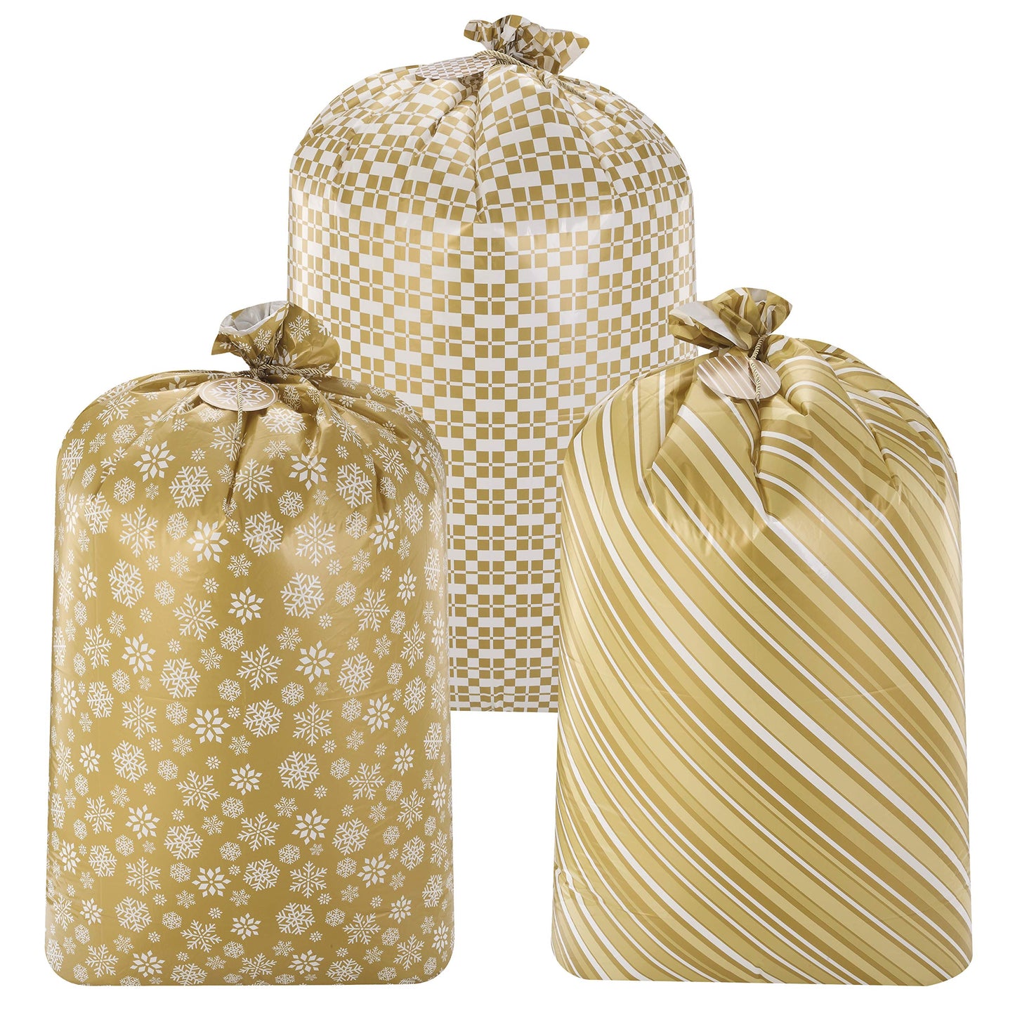 JOYIN 3 PCS 56”x36” Jumbo present Bags Parties Gold for Xmas Large Holiday Plastic Gift Bag, Christmas Decorations, Carry-on Luggage, Large Toys and Stuffed Animals