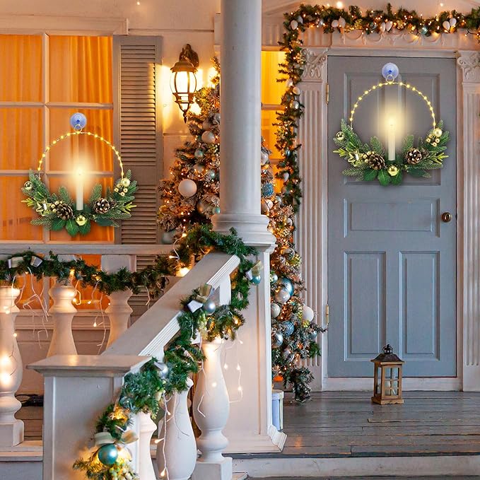 2Pack Christmas Wreaths for Front Door with Lights & Flickering LED Taper Candles & Remote, 16'' Windows Wreaths, Fireplace Christmas Decorations - Gold