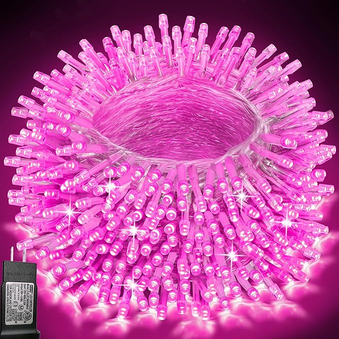 66 ft 200 LED Pink String Lights, Pink Christmas Lights Plug in, Indoor Outdoor Connectable 8 Modes Clear Wire Twinkle Fairy String Lights for Halloween Valentine's Day Wedding Bedroom Party
