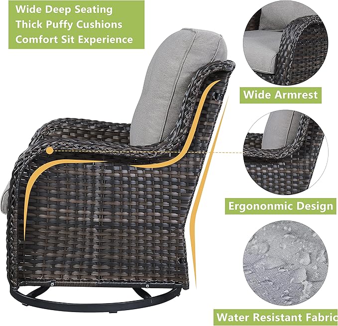 Rilyson Wicker Patio Furniture Set - 5 Piece Rattan Outdoor Sectional Conversation Sets with 2 Swivel Rocking Chairs,2 Ottomans and 1 Side Table for Porch Deck Garden(Brown/Grey)