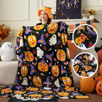 Joiedomi Halloween Blanket Soft Flannel Fleece Throw Blanket Glow in The Dark Halloween Pumpkin Ghost Bat for Kids Bed Living Room Gifts 50"×60"