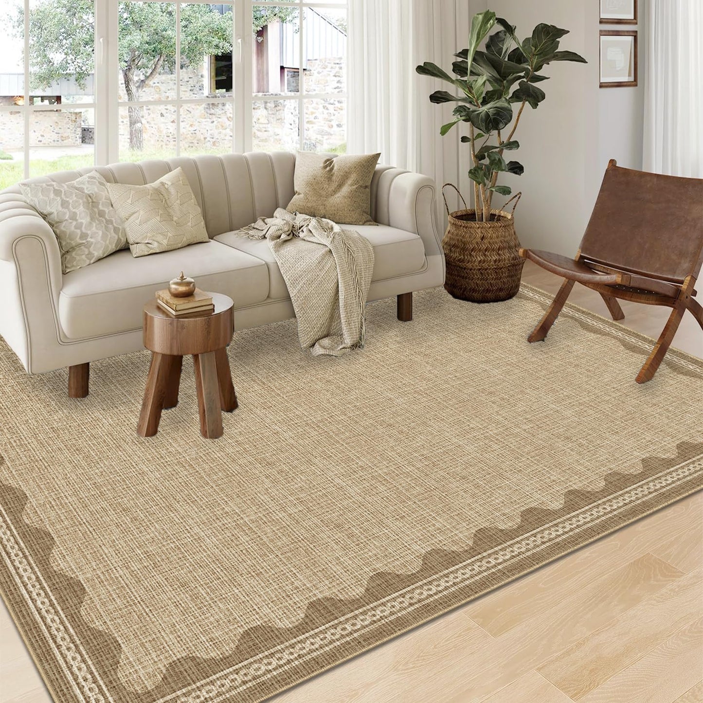 CAREMEE Scalloped Washable Area Rug, 6' x 9' Rectangular, Beige, Non Slip, Machine Washable, Indoor, Low Pile, Polyester, Solid, Tufted, Foldable, Stain Resistant, Shed Resistant