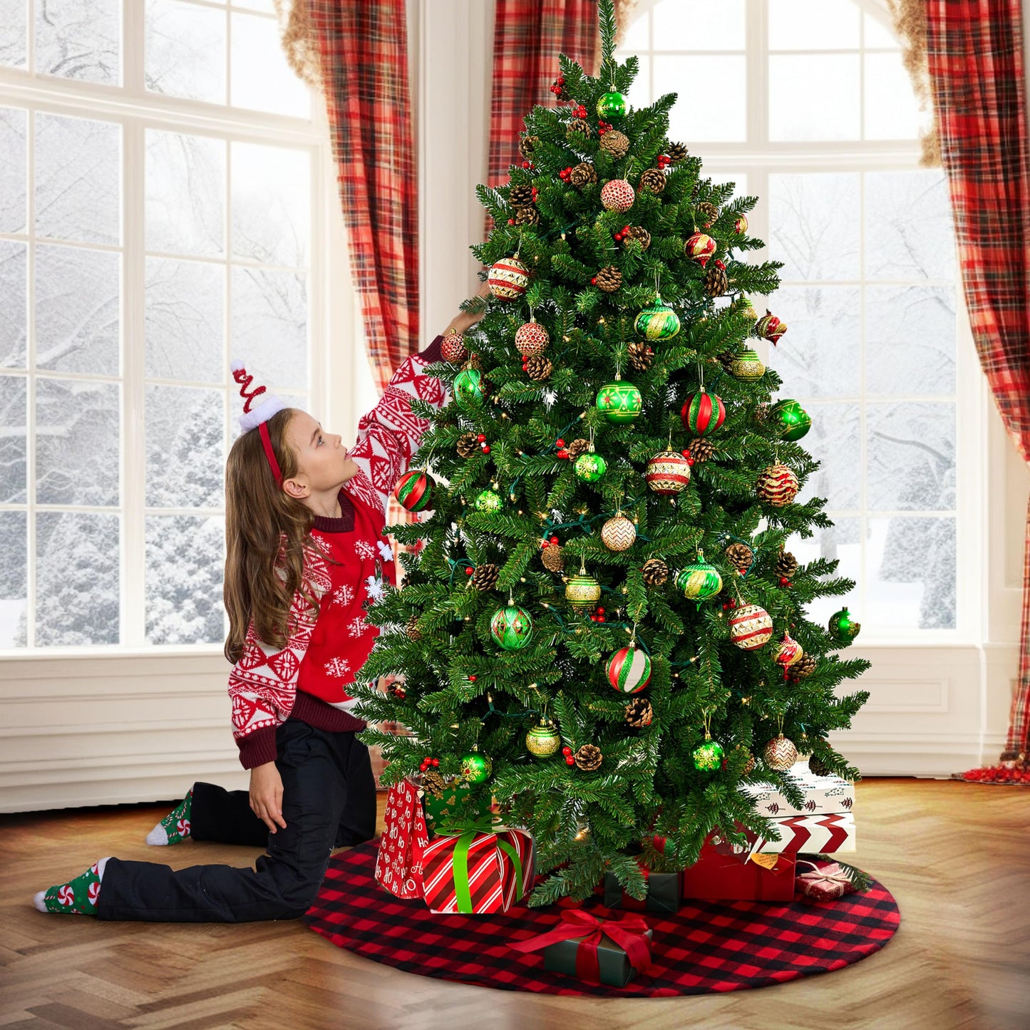 Joiedomi Christmas Tree Skirt 48Inch Buffalo Red and Black Plaid Decor for Xmas New Years Eve Holiday Party Indoor Decoration