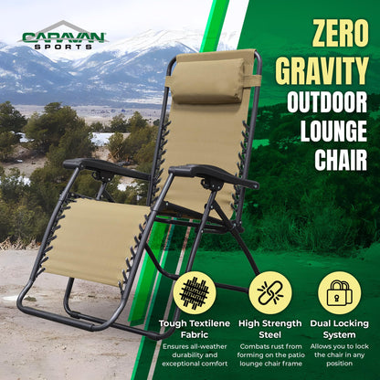 Caravan Sports Zero Gravity Outdoor Portable Folding Camping Lawn Deck Patio Pool Recliner Lounge Chair for Adults, Adjustable Headrest, Beige