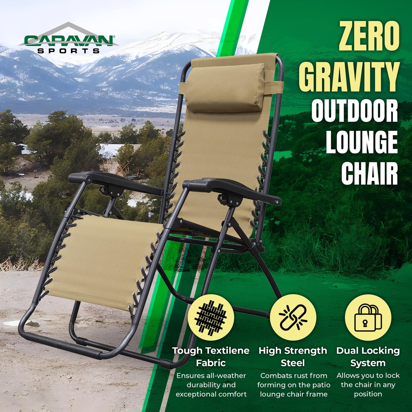 Caravan Sports Zero Gravity Outdoor Portable Folding Camping Lawn Deck Patio Pool Recliner Lounge Chair for Adults, Adjustable Headrest, Beige