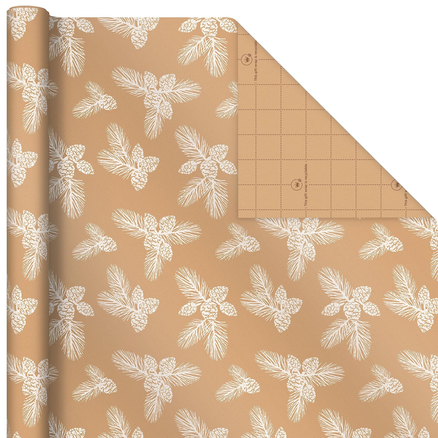 Hallmark Christmas Wrapping Paper Rolls - Green Trees, White Pine Cones on Recyclable Brown Kraft Gift Wrap Paper (Set of 2 Rolls: 150 sq. ft. ttl.) for Holiday Parties, Winter Weddings