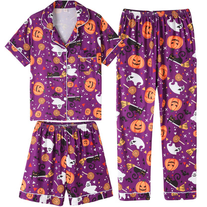 Vopmocld Girls Pajama Sets - 3pcs Button Down Short Sleeve Long Pants With Shorts Sleepwear Cute Patterns Nighty For Teens, Halloween, 12