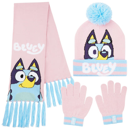 Bluey Girls Winter Accessories Set Cosy Warm Knit Hat Scarf & Kids Gloves or Beanie & Gloves School Travel, Kids Gifts (Pink Bluey 3 Pcs, 3-9 Years)