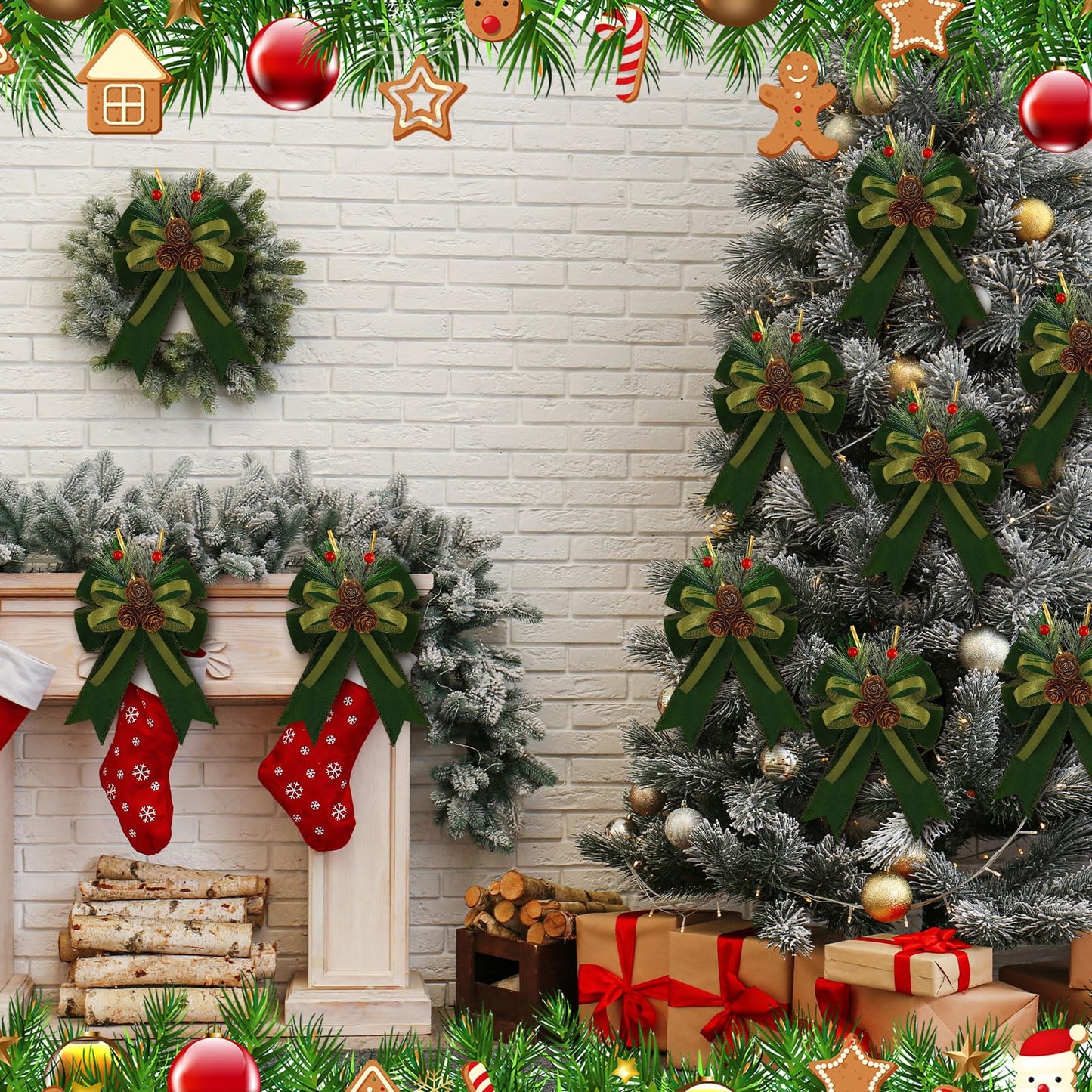 Syhood 6 Pcs Christmas Bows with Pine Cones Pine Needles Xmas Velvet Bows Sage Green Ribbon Christmas Tree Wreath Decoration for Xmas Parties Indoor Outdoor Crafts DIY Decor