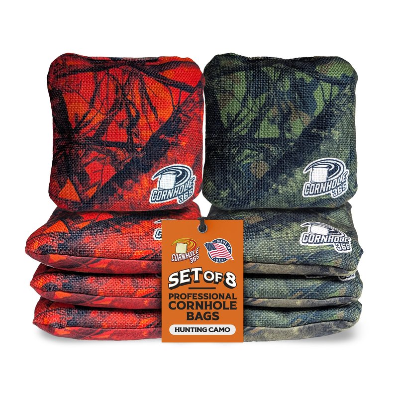 Cornhole365 Themed Cornhole Bags - 6"x6" All Weather Dual-Sided Slick & Stick - Plastic Resin Cornhole Bean Bag Filler & Suede - Dual Stitched for Sports Competition - Hunting Camo - Set of 8