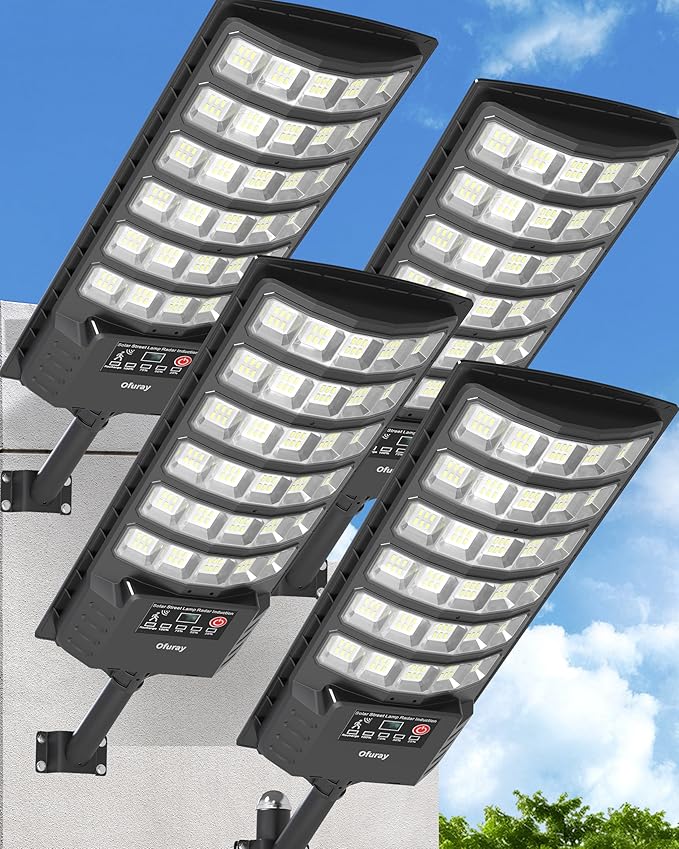 Ofuray Solar Flood Lights Outdoor,5AH High Power Solar Street Security Parking Lot Lights Dusk to Dawn with Motion Sensor 5 Modes,7000k Daylight with Remote Control for Wall,Backyard,Outside OZL-4Pack