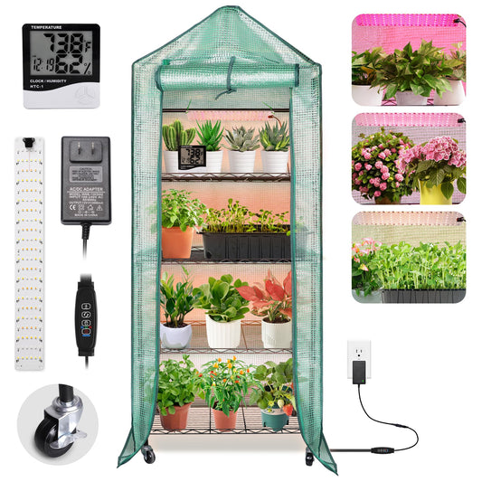 DazSpirit 4-Tier Indoor Mini Greenhouse with Grow Lights, 32W Full Spectrum Plant Light with Timer, Adjustable Metal Shelves, 69.6"x22"x18.5" Portable Plant Stand for Seed Starting & Indoor Plants
