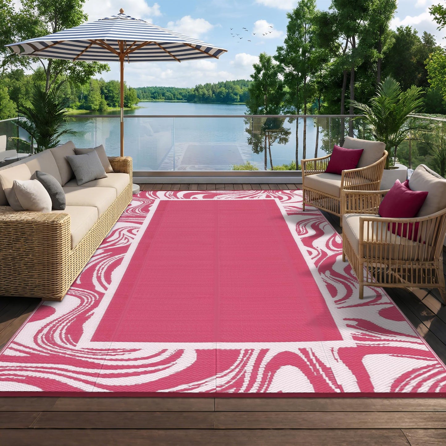 Garvee 5x8 Pink Waterproof Outdoor Rug Reversible Quick Dry Weather Resistant Plastic Straw Patio Rug for Deck,Porch,RV,Camping,Balcony,Beach, Foldable Outdoor Carpet Easy to Clean, Pink White
