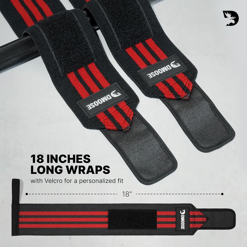 DMoose Fitness Wrist Wraps - Heavy Duty Weightlifting Support Straps | 18" with Thumb Loop for Pain Relief