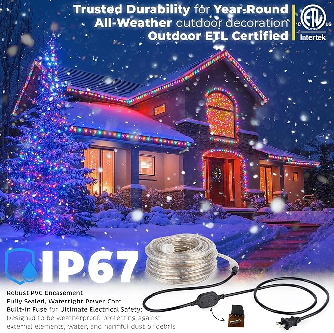 WYZworks 1656LEDs 150ft LED Outside Rope Lights, Outdoor ETL Certified Waterproof Permanent 360 Degree Light Emitting, Flexible Tube, Connectable, Christmas Palm Tree Exterior Landscape, Colorful
