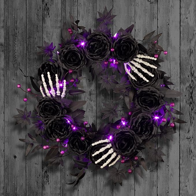 National Tree Company, 24inch Artificial Bad to The Bone Halloween Wreath, 30 Purple LED Lights,