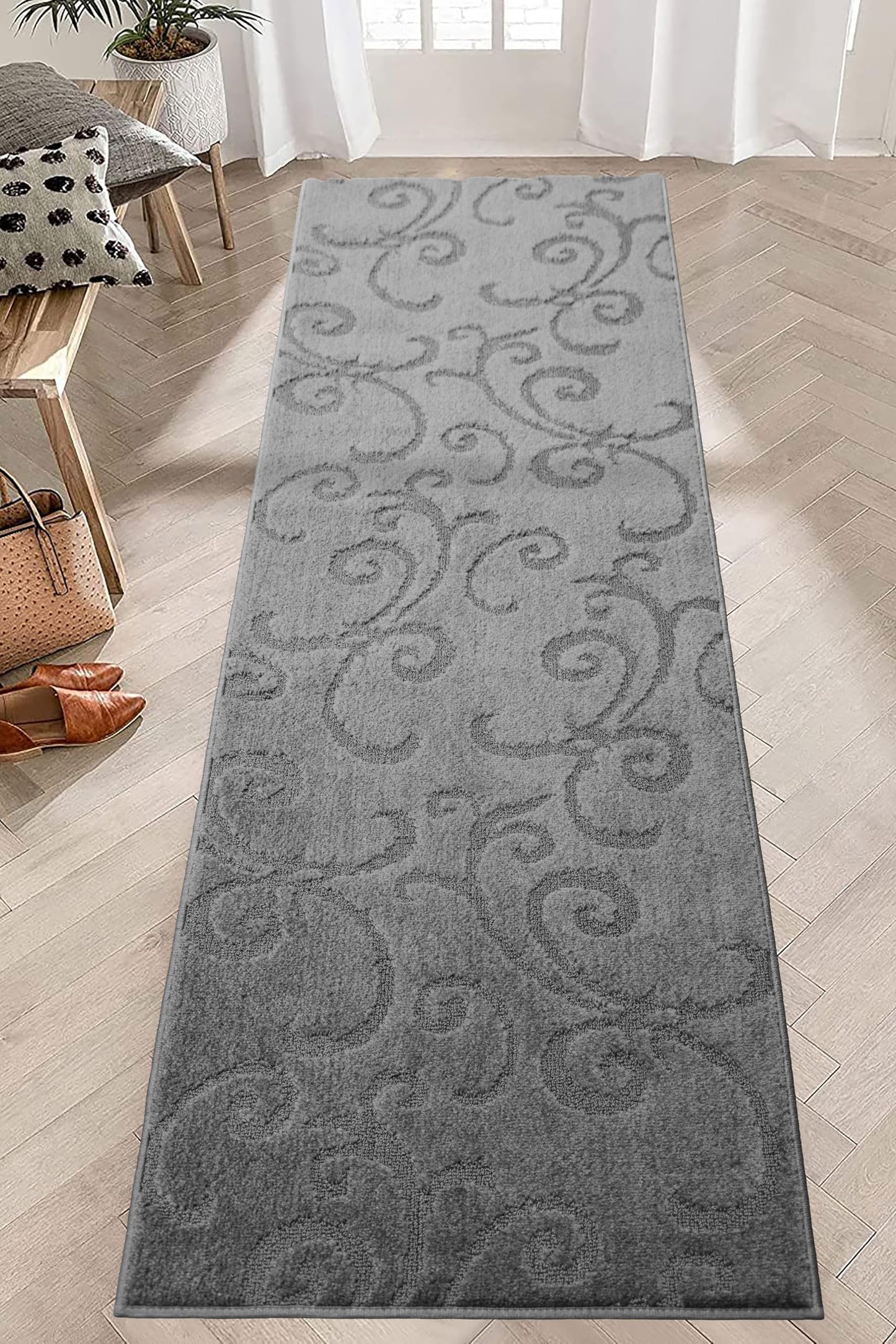8 Ft Long Non-Slip Washable Carpet Runner Rug with Rubber Backing, 31" X 8' Custom Floor Mat for Kitchen Hallway Stairs Bedroom Bathroom Entryway, Your Choice of Length, Scroll Anthracite Dark Grey