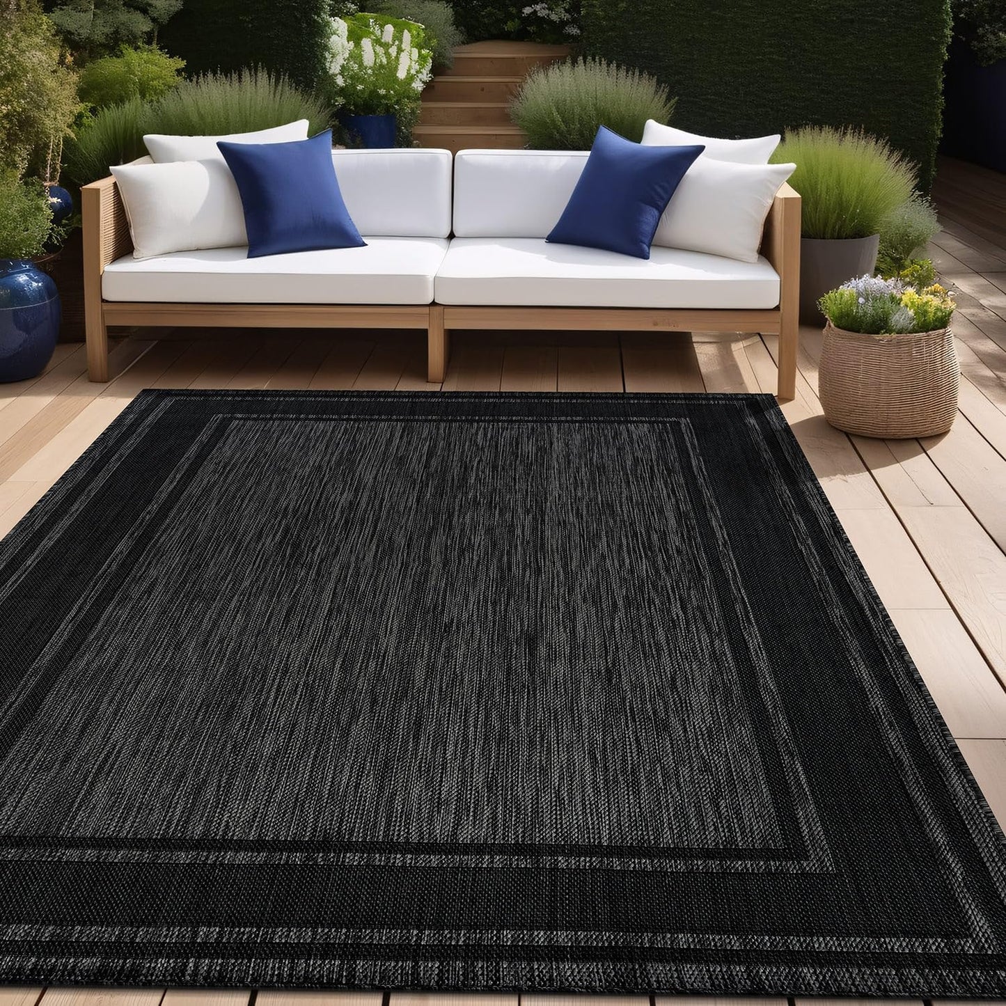 Beverly Rug Outdoor Rug 5x7 Modern Bordered Area Rugs for Indoor and Outdoor Patio Deck Porch Garden Waterproof Weather Sun Resistant Washable Outside Carpet (5 x 7 Black)