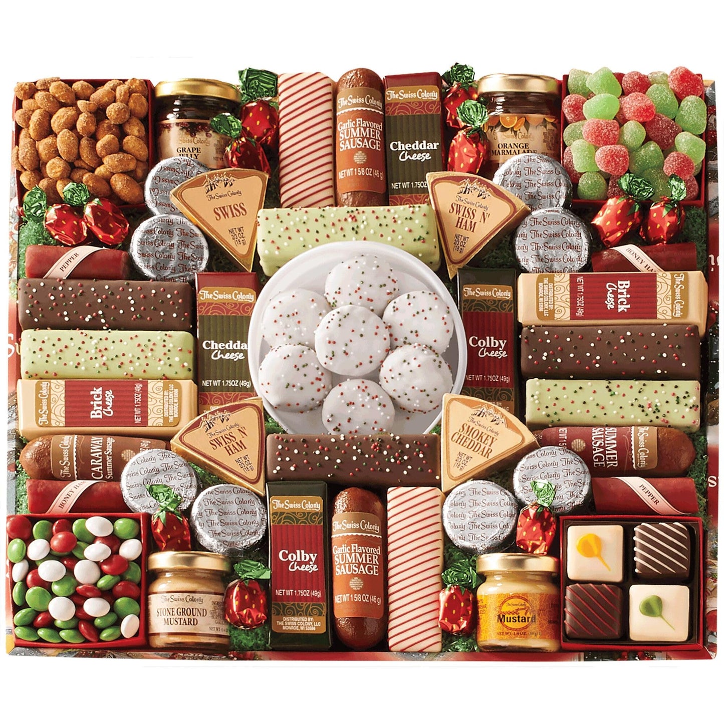 The Swiss Colony 43 Season Pleasers - Assorted Summer Sausage Meats, Mini Meat Sticks, Cheese Bricks and Wedges, Spreadables, Candies, & Chocolate Treats, Meat and Cheese Gift Set, Charcuterie Board